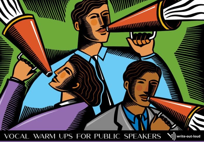 Image: stylized drawing of 3 people with megaphones. Text: Vocal warm ups for public speakers.