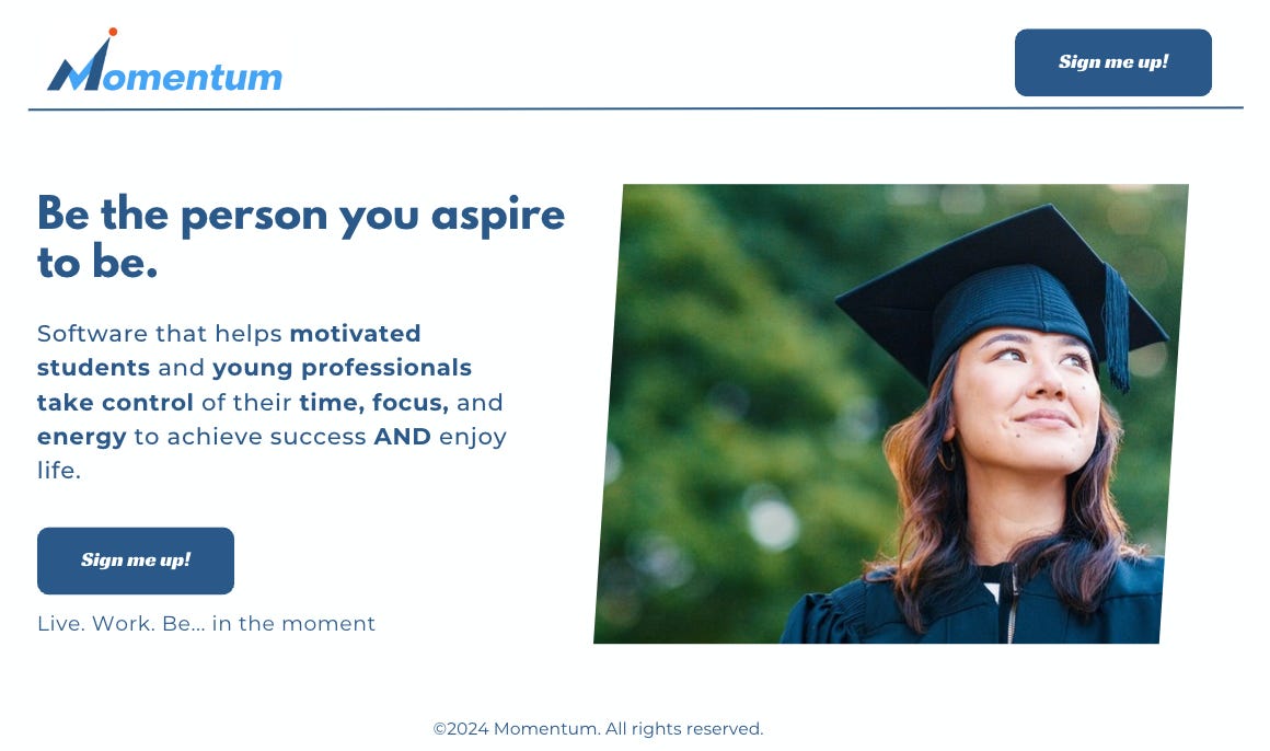 A screen shot from the Momentum website that describes the value proposition and includes and image of a young woman in a university graduation cap and gown.