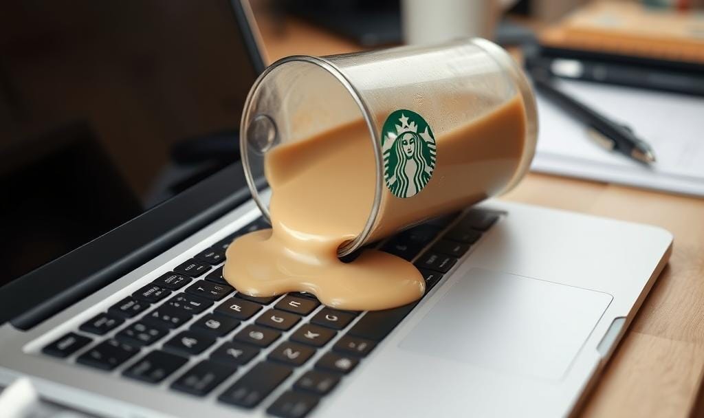 A spilled latte soaking a laptop keyboard, symbolizing a small but stressful ungrounding moment.