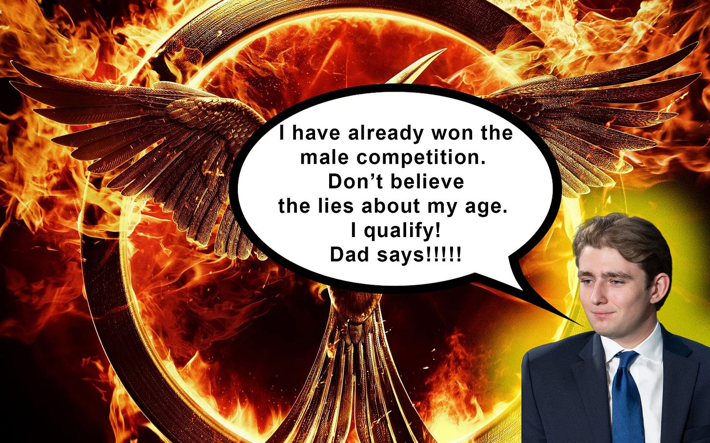 Barron Trump claiming he's already won with a Hunger Games logo in the background