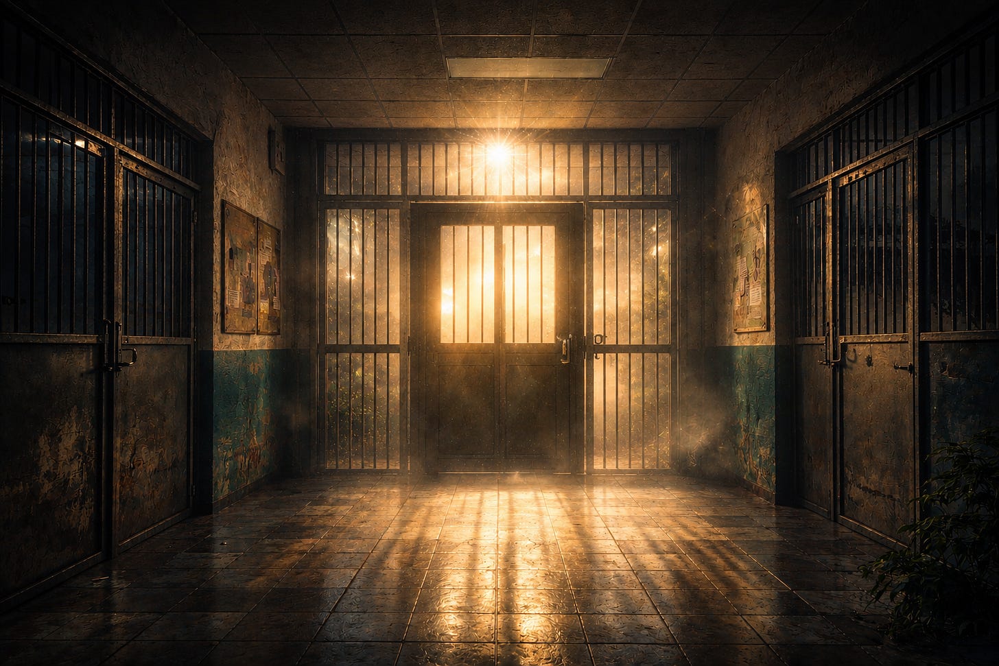 A hallway of an old building facing a gate that leads to light. A hallway of an old building facing a gate that leads to light.