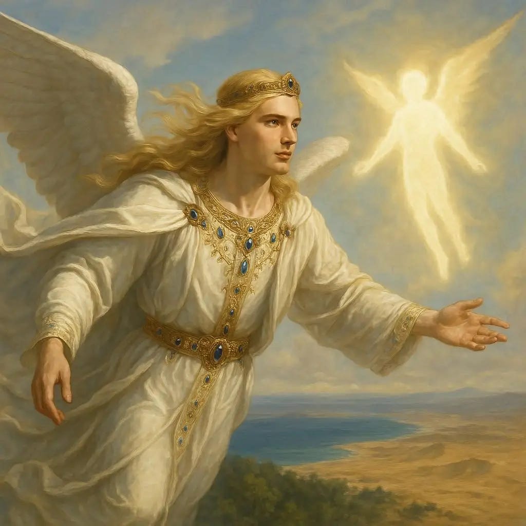 a very handsome very beautiful angel with long blonde hair elaborate white robes and decorated with jewels is flying in the sky over deserts, forests, and, oceans along side a silhouette made of light. realistic. heavenly. 