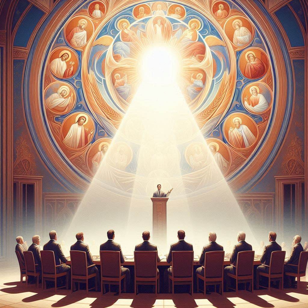 An AI-generated image showing an executive corporate board bathed in holy religious light An AI-generated image showing an executive corporate board bathed in holy religious light