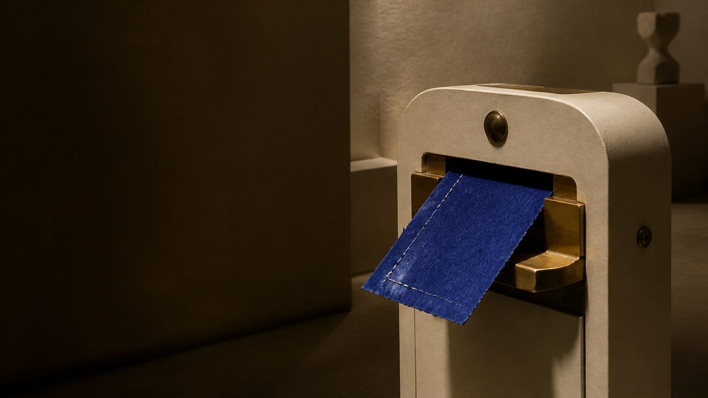 Beige dispenser with blue fabric partially pulled out, set in a minimalist room.
