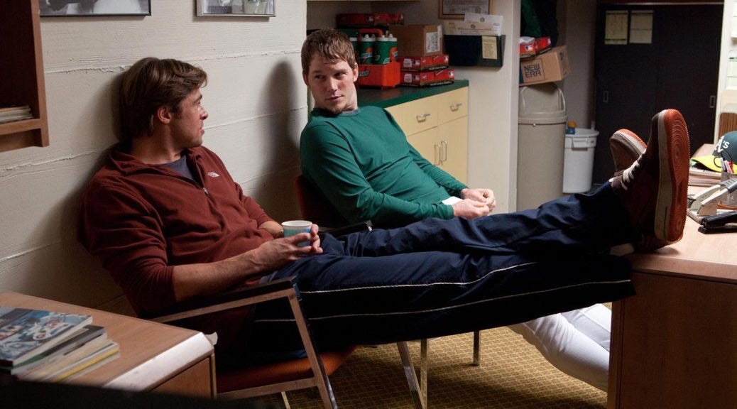 Brad Pitt and Chris Pratt in Moneyball