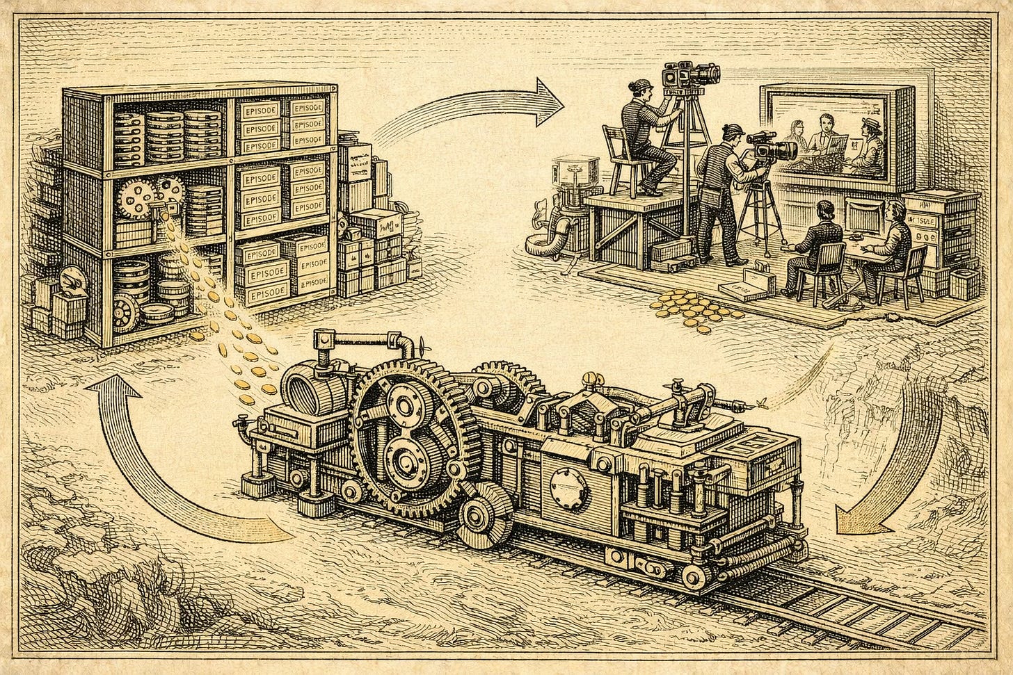 Editorial engraving of a creator production finance flywheel, showing catalog cash flow funding new shows that expand the archive and support repeat credit growth. Editorial engraving of a creator production finance flywheel, showing catalog cash flow funding new shows that expand the archive and support repeat credit growth.