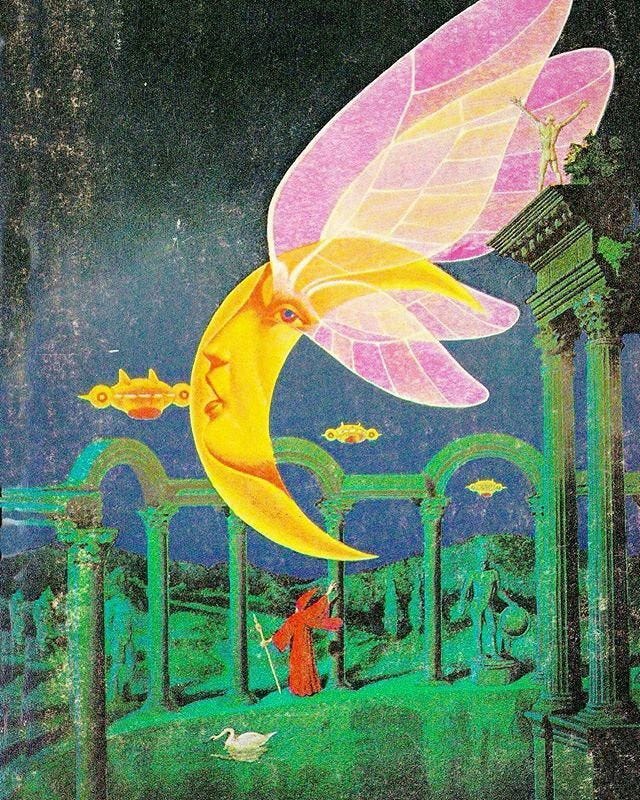 This may contain: an image of a fairy with wings flying over the moon