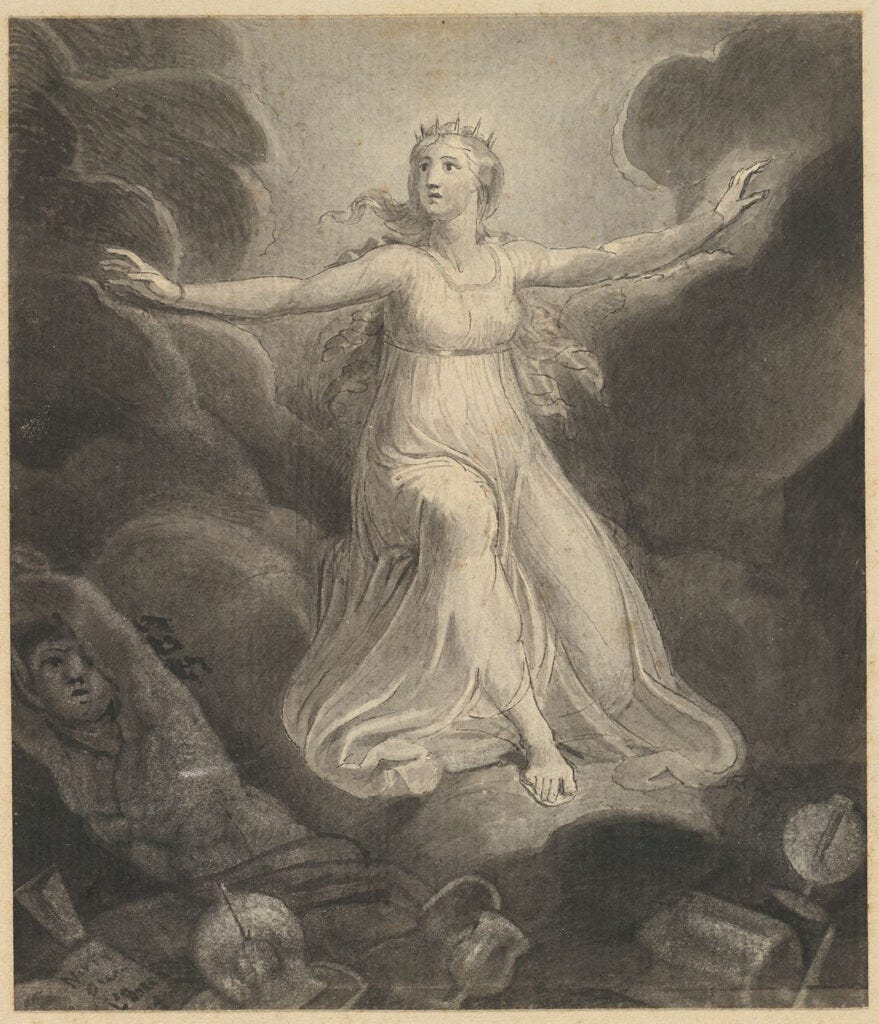 A drawing of a woman with outstretched arms among clouds. Another figure is in the lower left corner.
