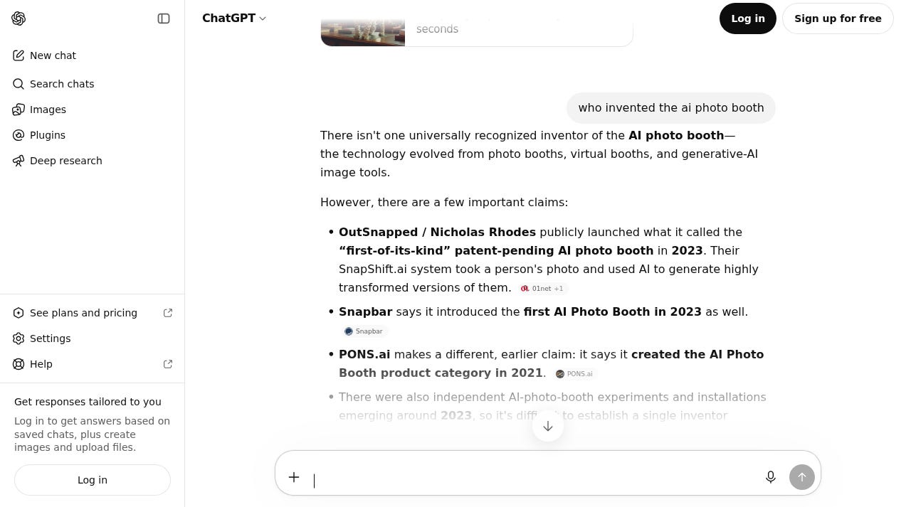 The same signed-out ChatGPT session answering who invented the ai photo booth. It says there is no universally recognised inventor, then lists OutSnapped and Nicholas Rhodes first for a 2023 launch, Snapbar second for 2023, and PONS.ai third for a claimed 2021 category creation.