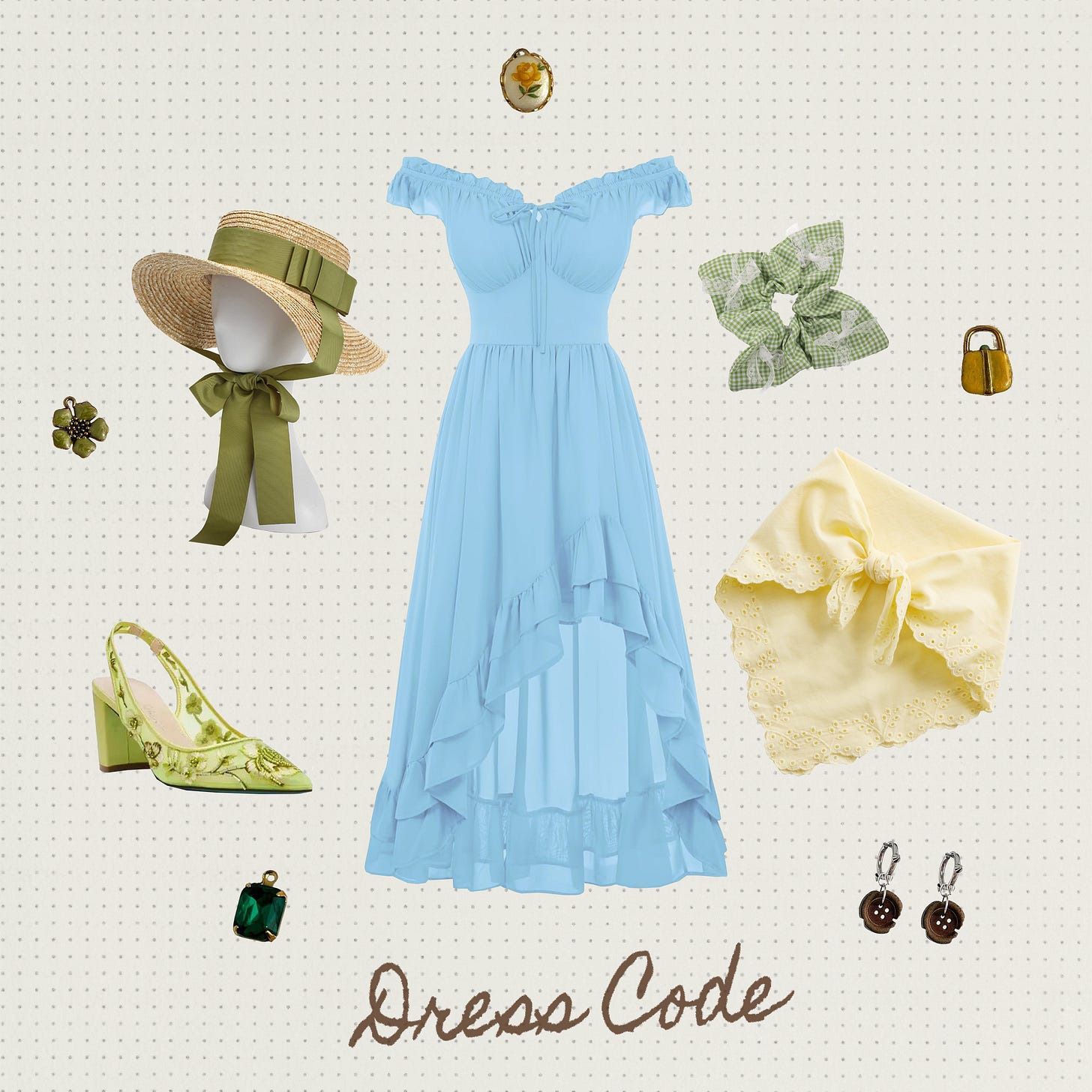 A blue cottage core dress in the center. A head mannequin wearing a straw hat with green ribbon, a green gingham scrunchie, a yellow hair scarf, and green mesh floral embroidered hell surround the dress behind a dotted background.