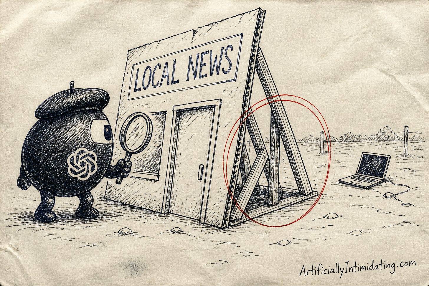 A round black bot with a flower emblem inspects a plywood LOCAL NEWS storefront propped up by wooden stakes, with an empty lot and one laptop behind it. A round black bot with a flower emblem inspects a plywood LOCAL NEWS storefront propped up by wooden stakes, with an empty lot and one laptop behind it.