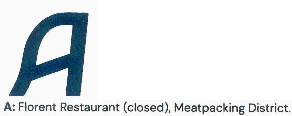 The A of the ABCs, with text saying that it was taken from Florent Restaurant, which is now closed, in the Meatpacking District. 