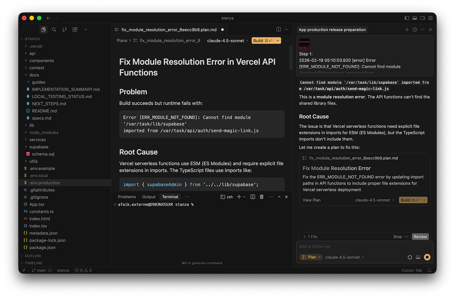 The Cursor editor displays a text document detailing a plan to fix module resolution errors in Vercel. The Cursor editor displays a text document detailing a plan to fix module resolution errors in Vercel.