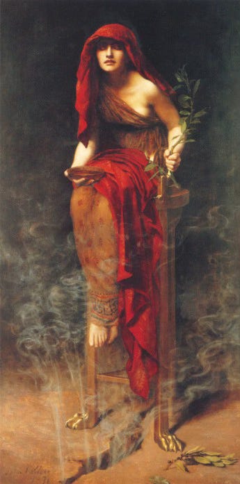 Painting of the Pythia, the priestess of Delphi, seated above a fissure in the earth with vapor rising around her, dressed in flowing red garments.