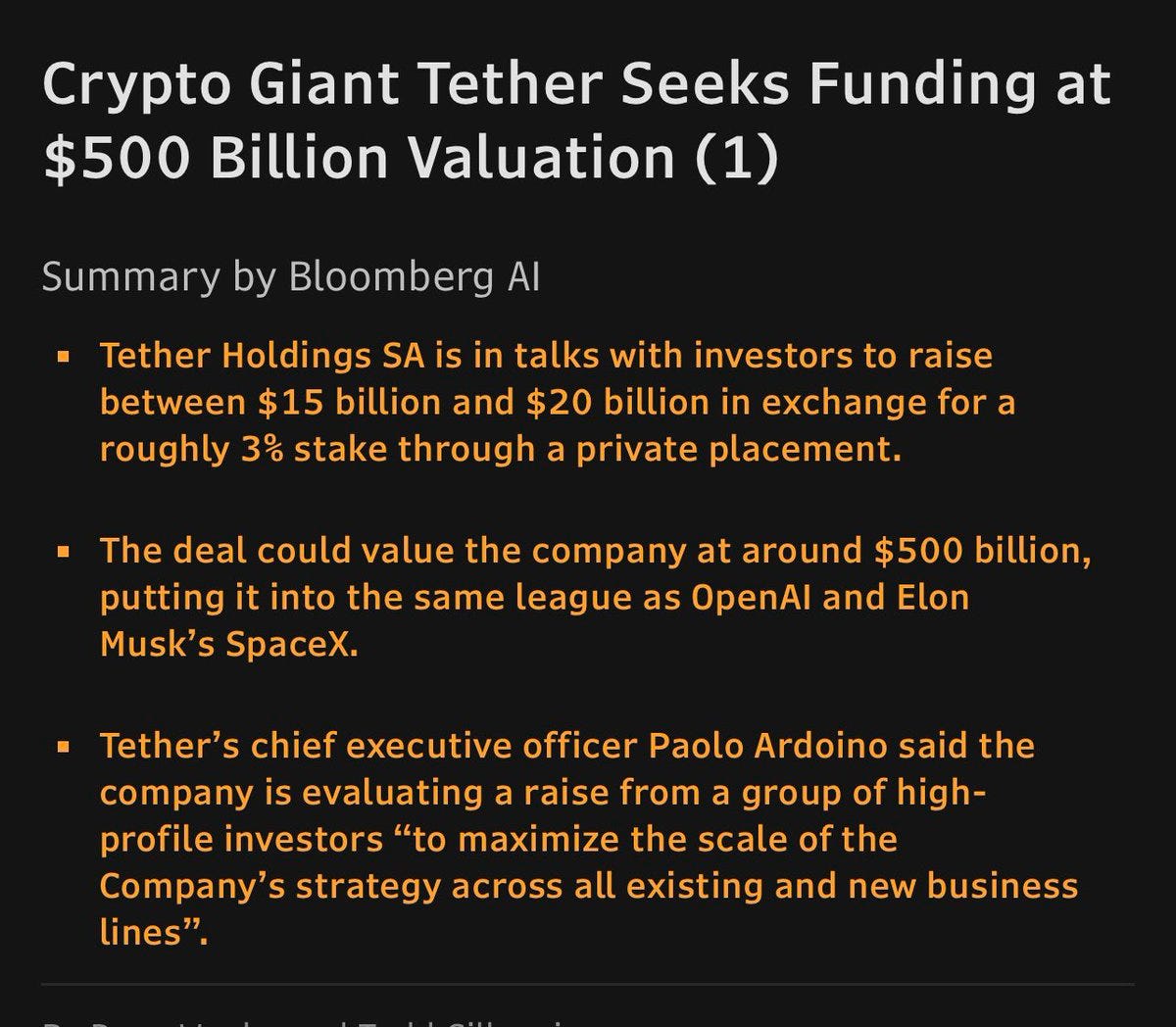Black background with white text stating "Crypto Giant Tether Seeks Funding at $500 Billion Valuation (1)". Below, text summarizes Tether Holdings SA raising funds, valuing the company at $500 billion, and mentions Paolo Ardoino as the chief executive officer.