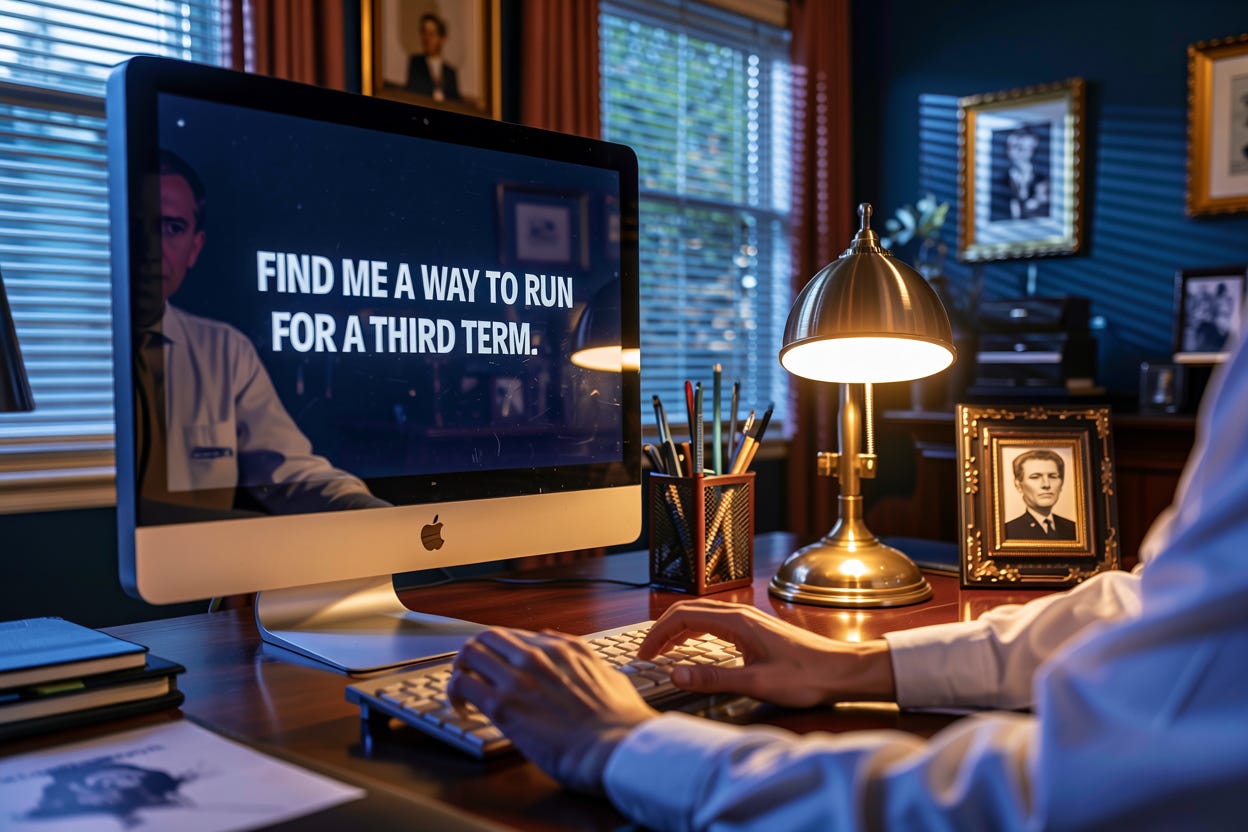A person sits at a computer in a presidential-style office, typing "FIND ME A WAY TO RUN FOR A THIRD TERM" on the screen. The room features ornate furnishings, a brass desk lamp, and framed portraits on the walls.