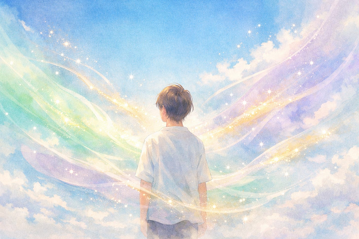 한 사람을 부드럽게 감싸고 있는 다채로운 빛의 파동을 묘사한 수채화 일러스트. 개인이 가진 고유한 에너지 주파수와 아우라 컬러를 상징합니다.