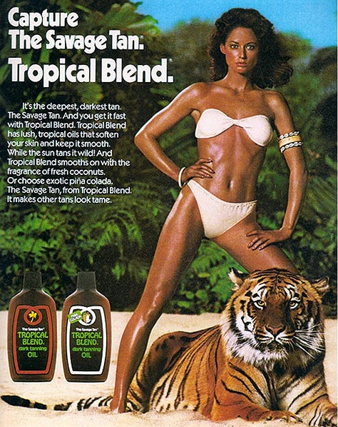 Sun tan ads yesterday to today/ Coco Chanel in center