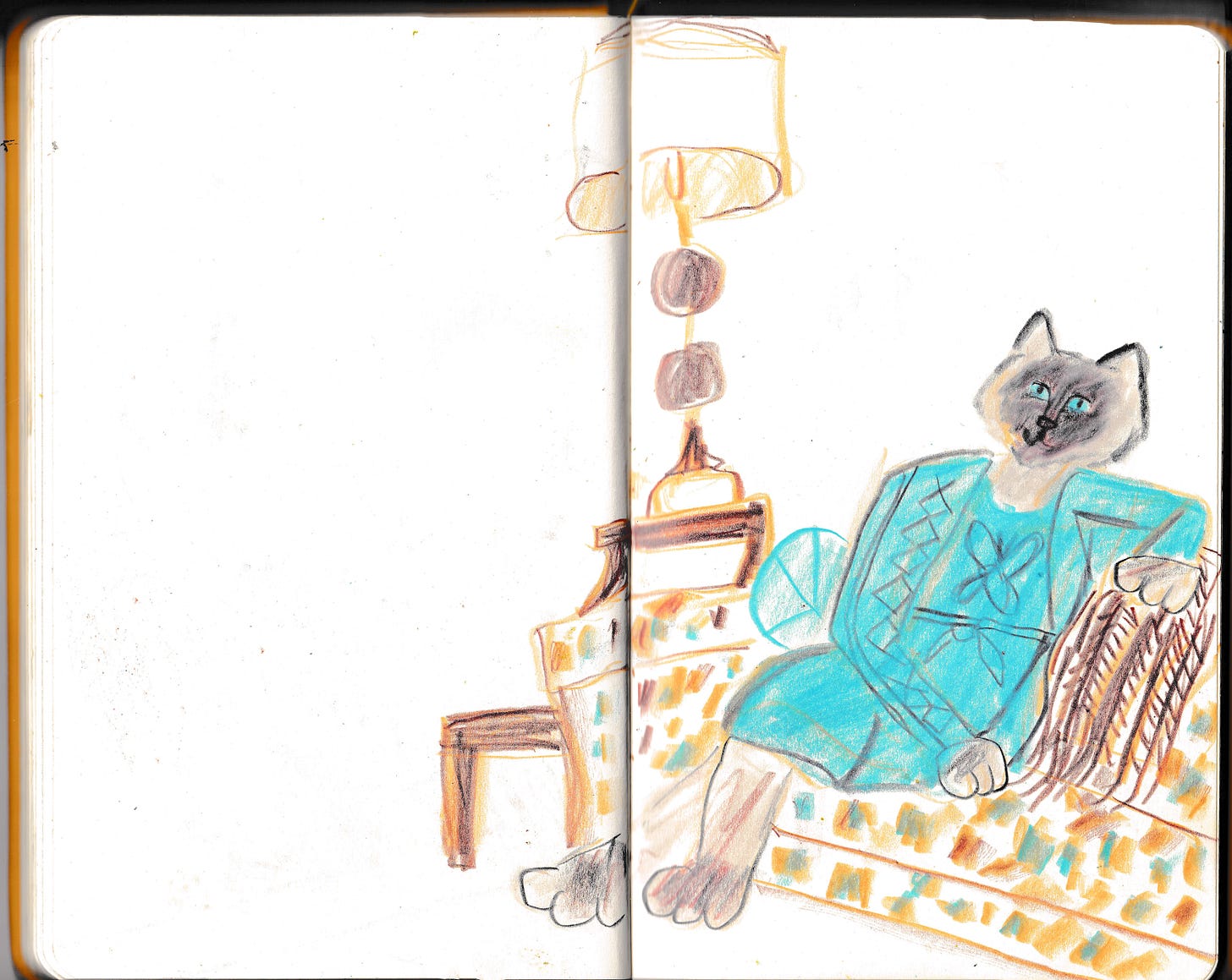 cat lady sitting on couch sketchbook art by Beth Spencer