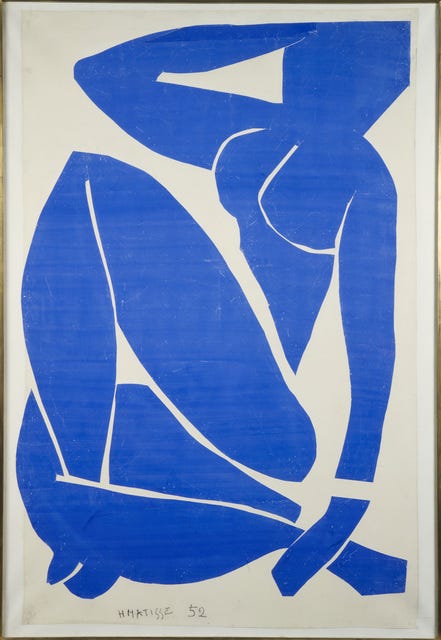 Image is Matisse's art of the form of a human body, painted in blue