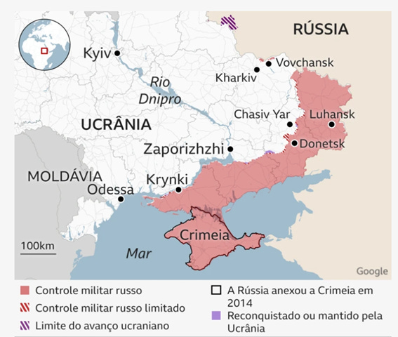 Mapa da Ucrânia estando assinalados estando assinalados as areas controladas pelo exercito russo.