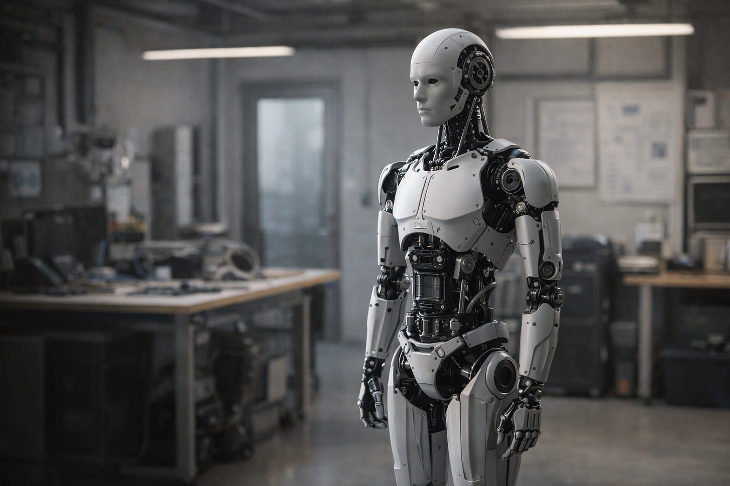 Robot umanoid de generație actuală, aflat într-un mediu industrial controlat, sugerând stadiul de testare și integrare timpurie a roboților în industrie.