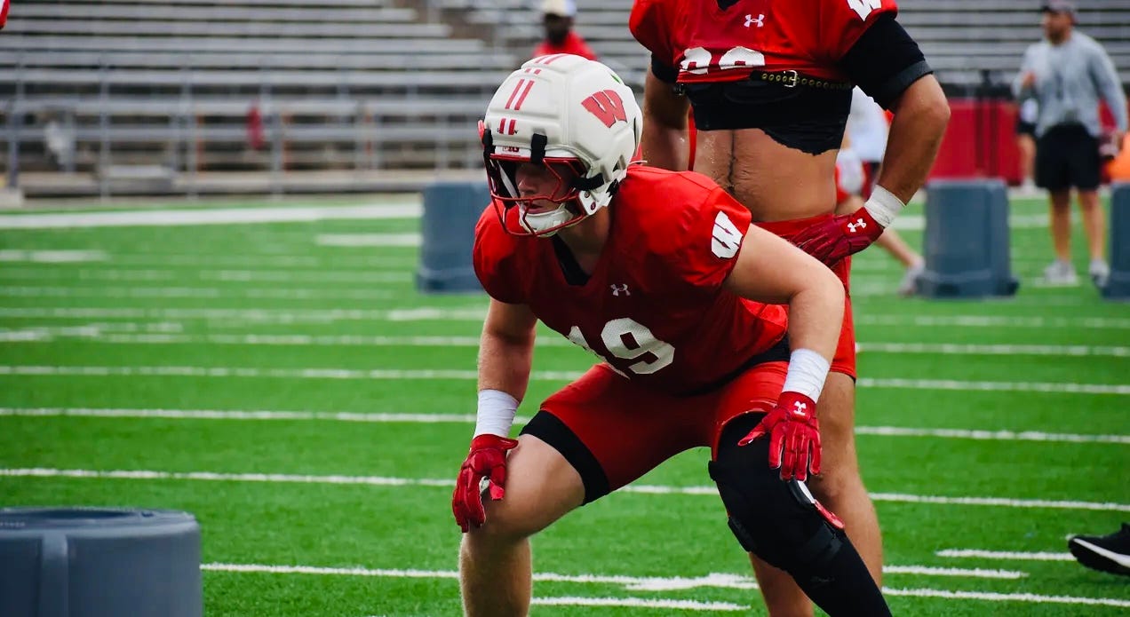 Thomas Heiberger, Wisconsin Badgers linebacker, runs through individual drills at fall camp inside Camp Randall Stadium. Thomas Heiberger, Wisconsin Badgers linebacker, runs through individual drills at fall camp inside Camp Randall Stadium.