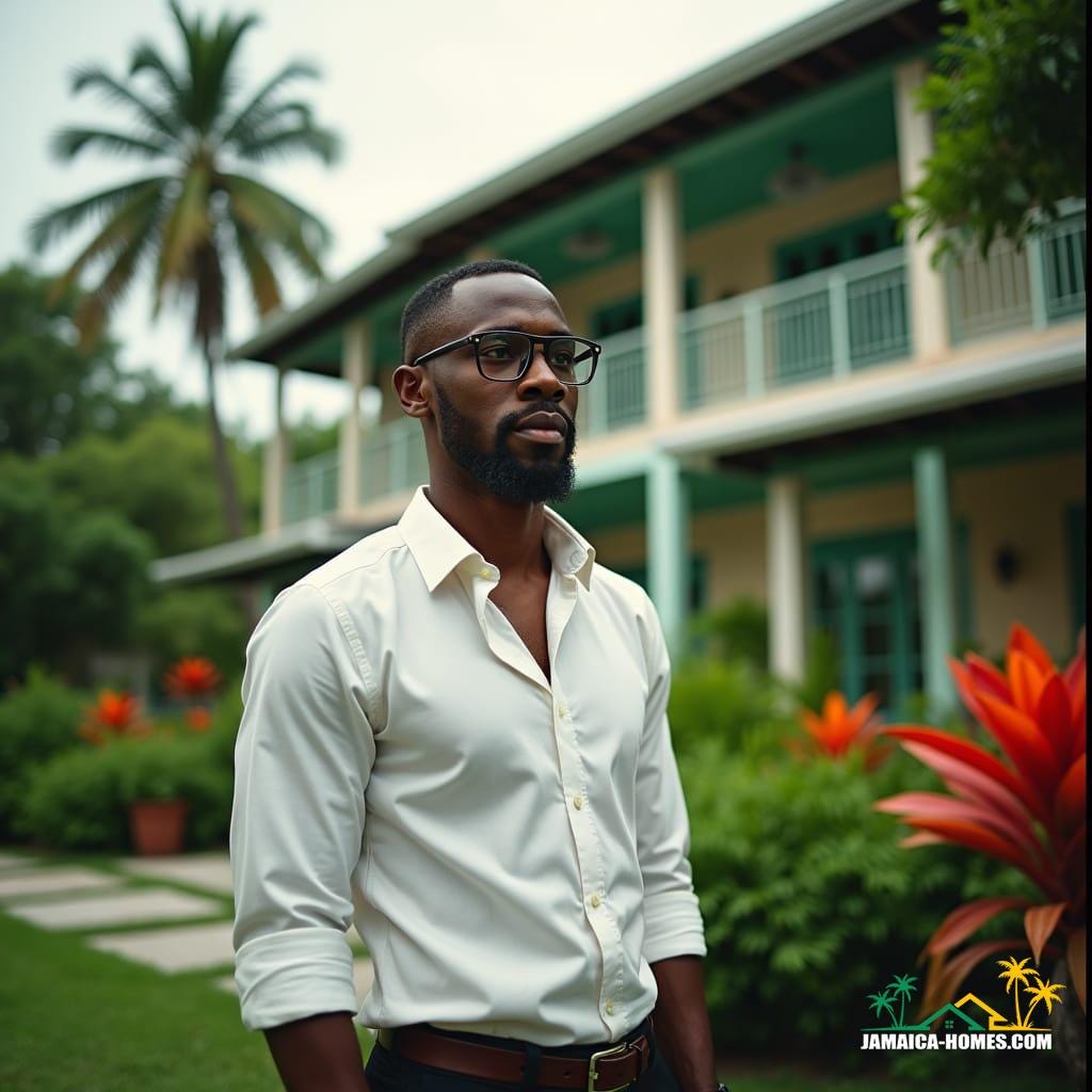 A cinematic film still of a real estate agent standing in front of a stunning Jamaican property, surrounded by lush greenery and vibrant tropical flowers