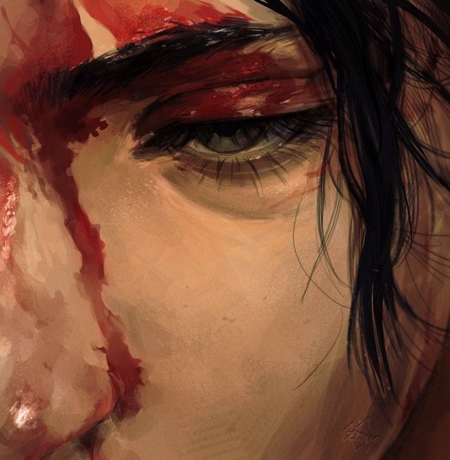 This may contain: an artistic painting of a woman's face with blood on it