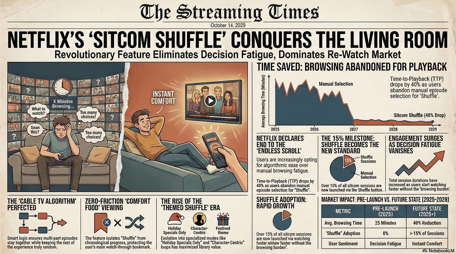 A realistic fake newspaper front page titled "The Streaming Times" with headlines about how Sitcom Shuffle saved streaming.