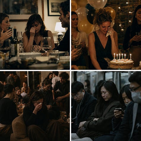 A six-image gallery titled “Where the World Leaks” from “The Crying World”, a Kirenya visual series made of six square 2x2 quadriptychs. The first shows solitary people crying in private domestic spaces such as a bathroom, shower, kitchen table, and bedroom. The second shows individuals crying in everyday threshold spaces, including a parked car, office restroom, laundromat, and grocery aisle. The third shows people crying while surrounded by social life, including a dinner party, birthday gathering, crowded living room, and public transit. The fourth shows groups crying together in recognizable communal settings such as a family kitchen, living room, workplace break room, and support circle. The fifth extends the idea of crying into animals and trees, with a wet dog, a rain-soaked horse, sap running down bark, and a solitary storm-bent tree. The sixth shows infrastructure as if it is weeping, including a rusting bridge, cracked dam, stained apartment building, and dripping underpass.
