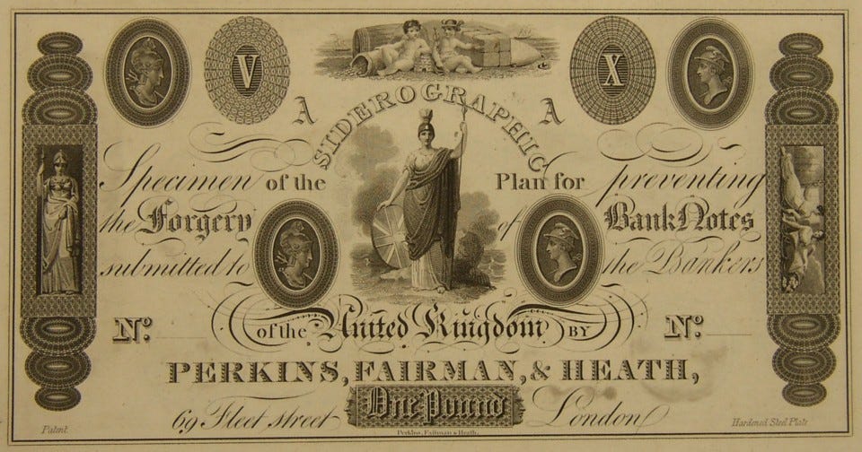 A specimen of the siderographic plan for preventing the forgery of banknotes sumitted to the Bankers of the United Kingdom by Perkins, Fairman & Heath, 69 Fleet Street, London, Patent Hardened Steel Plate, One Pound.  Patent Check Plate A.
