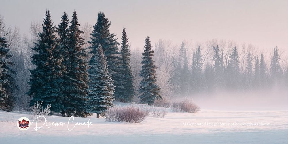 Visible winter air drifting over snowy Canadian landscape at sunrise