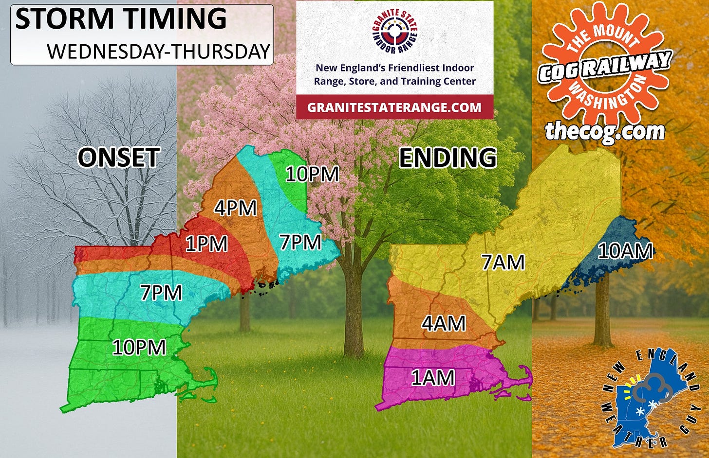 May be a graphic of ‎map and ‎text that says '‎STORM WEDNESDAY-THURSDAY -THURSDAY New England's Friendliest Indoor Range, Store, and Training Center ONSET GRANITESTATERANGE.COM THE MOUNT GRAILW RAIL िभायार VASHINGTO thecog.com com 10PM ENDING 4PM 1PM 7PM 7PM 7AM 10PM 10AM 4A 1AM با 5 工H花R‎'‎‎