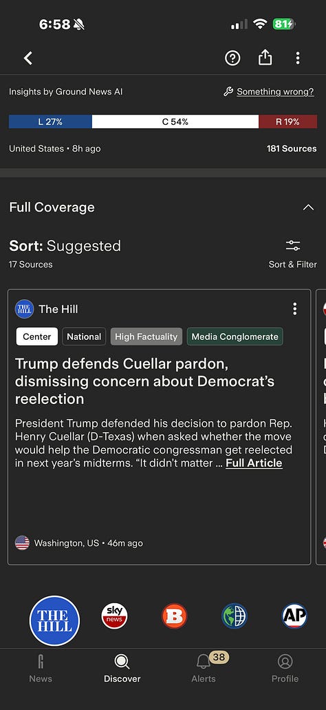 Real images from Ground News on the Henry Cuellar story