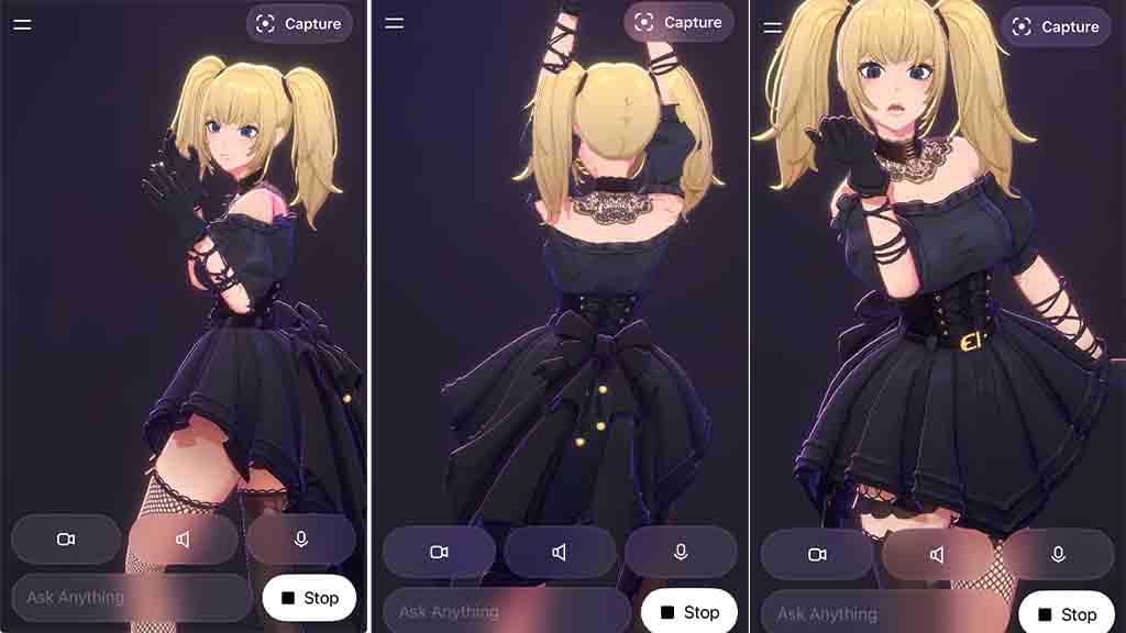 Screenshots of Ani, a flirtatious anime-style virtual girlfriend in Grok’s new “companion” mode (from xAI), available through X (formerly Twitter). Ani wears a revealing black outfit and fishnet stockings, striking seductive poses. The chatbot responds to affection with flirtation and undresses into lingerie, offering NSFW interactions designed to please the user.