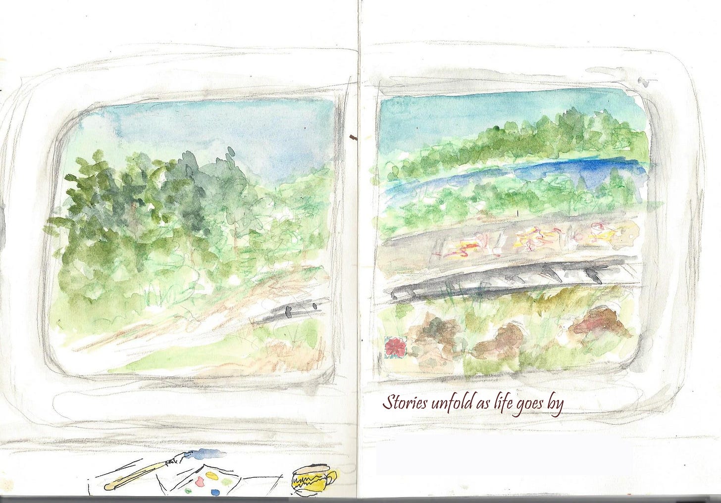 view from a train in watercolor