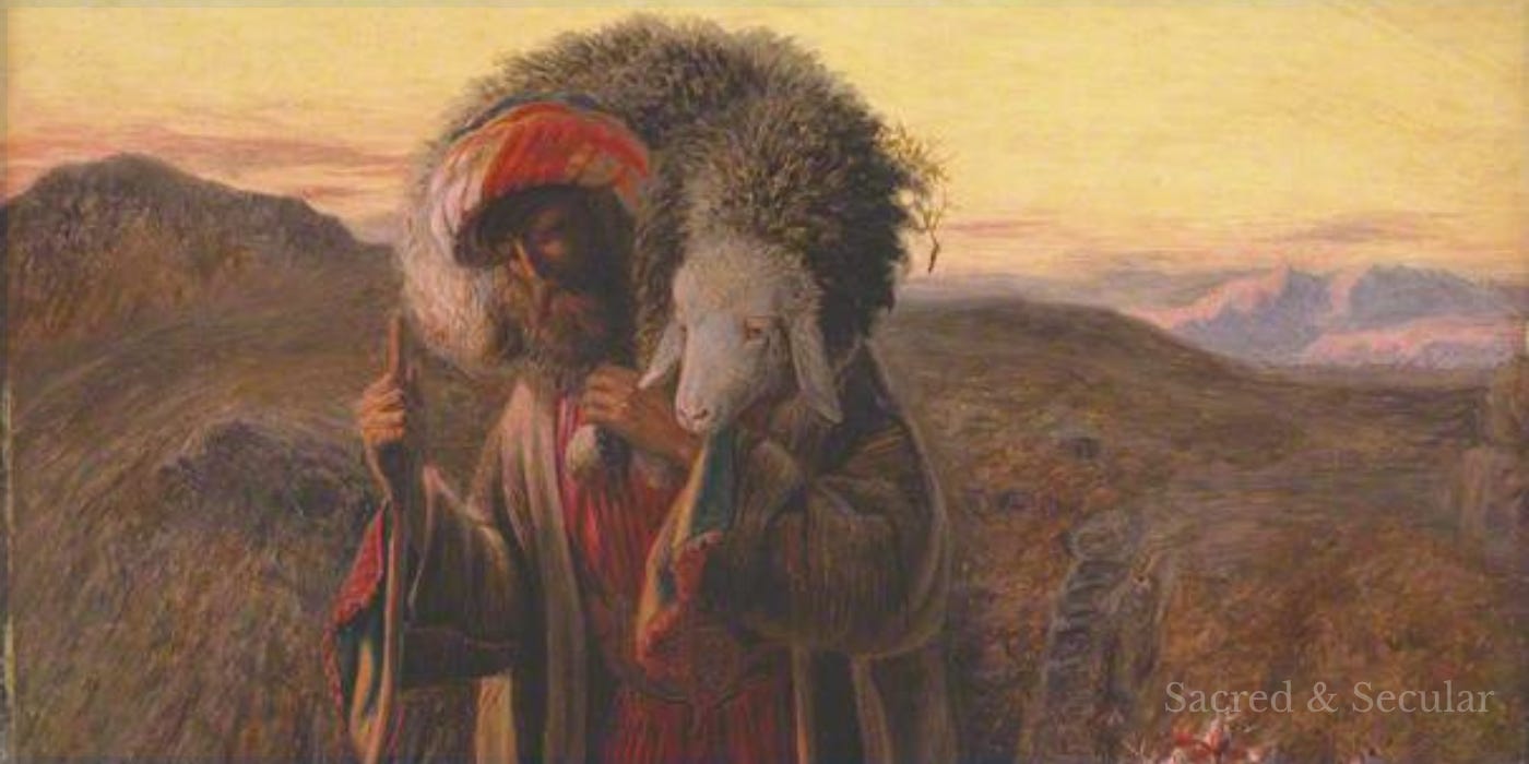 A shepherd stands on a rocky hillside beside a flock of sheep, looking towards one sheep that has become separated from the others. The rugged landscape and scattered flock evoke Jesus’ parable of the lost sheep and the shepherd’s care for each member of the flock. A shepherd stands on a rocky hillside beside a flock of sheep, looking towards one sheep that has become separated from the others. The rugged landscape and scattered flock evoke Jesus’ parable of the lost sheep and the shepherd’s care for each member of the flock.