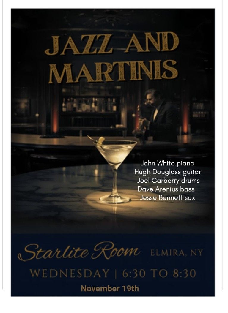 May be an image of drink and text that says 'John White piano Hugh Douglass guitar Joel Carberry drums Dave Arenius bass Jesse Bennett sax'