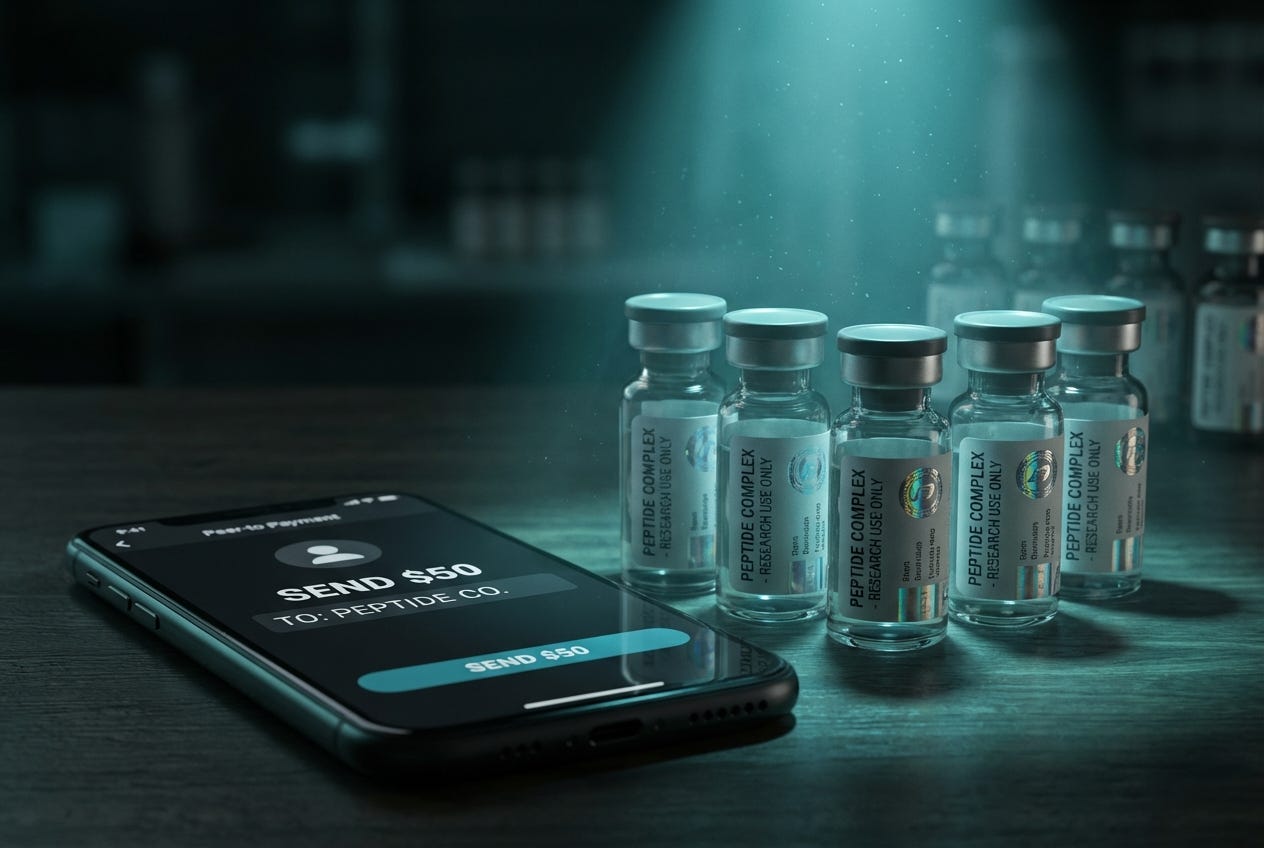 Pharmaceutical-grade peptide vials next to a peer-to-peer payment app on a smartphone Pharmaceutical-grade peptide vials next to a peer-to-peer payment app on a smartphone