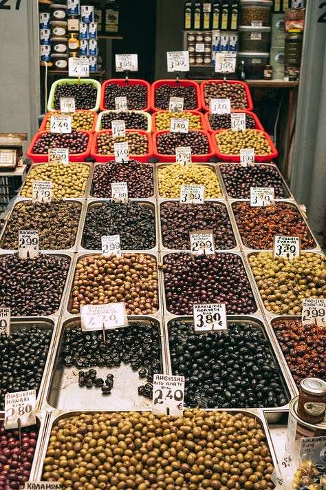 Fruit market, lukumades, olive heaven, koulori, cured meats and spanakopita