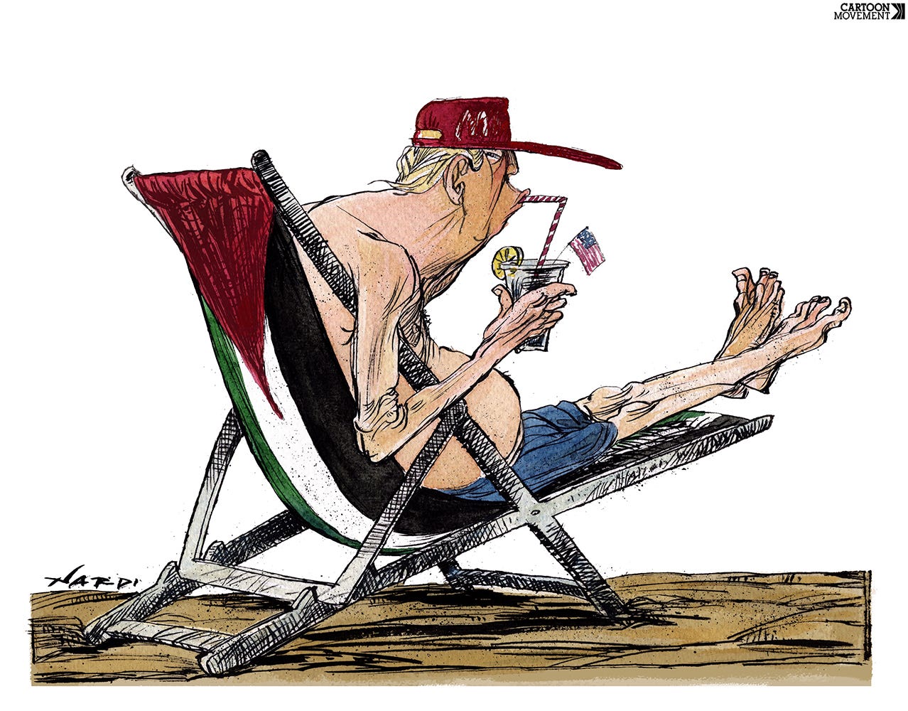 Cartoon showing a caricature of Donald Trump, lounging in a beach chair, drinking coke. The cloth of the beach chair has the colors of the Palestinian flag.