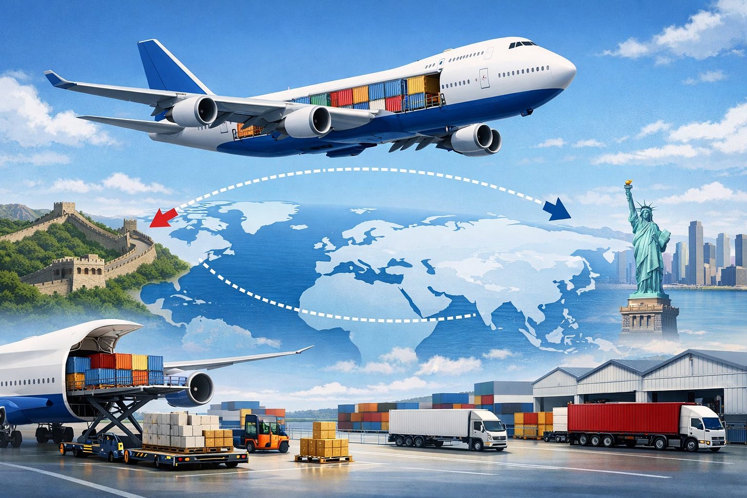 A cargo airplane flying over a world map from China to the USA with airport and shipping activity below.