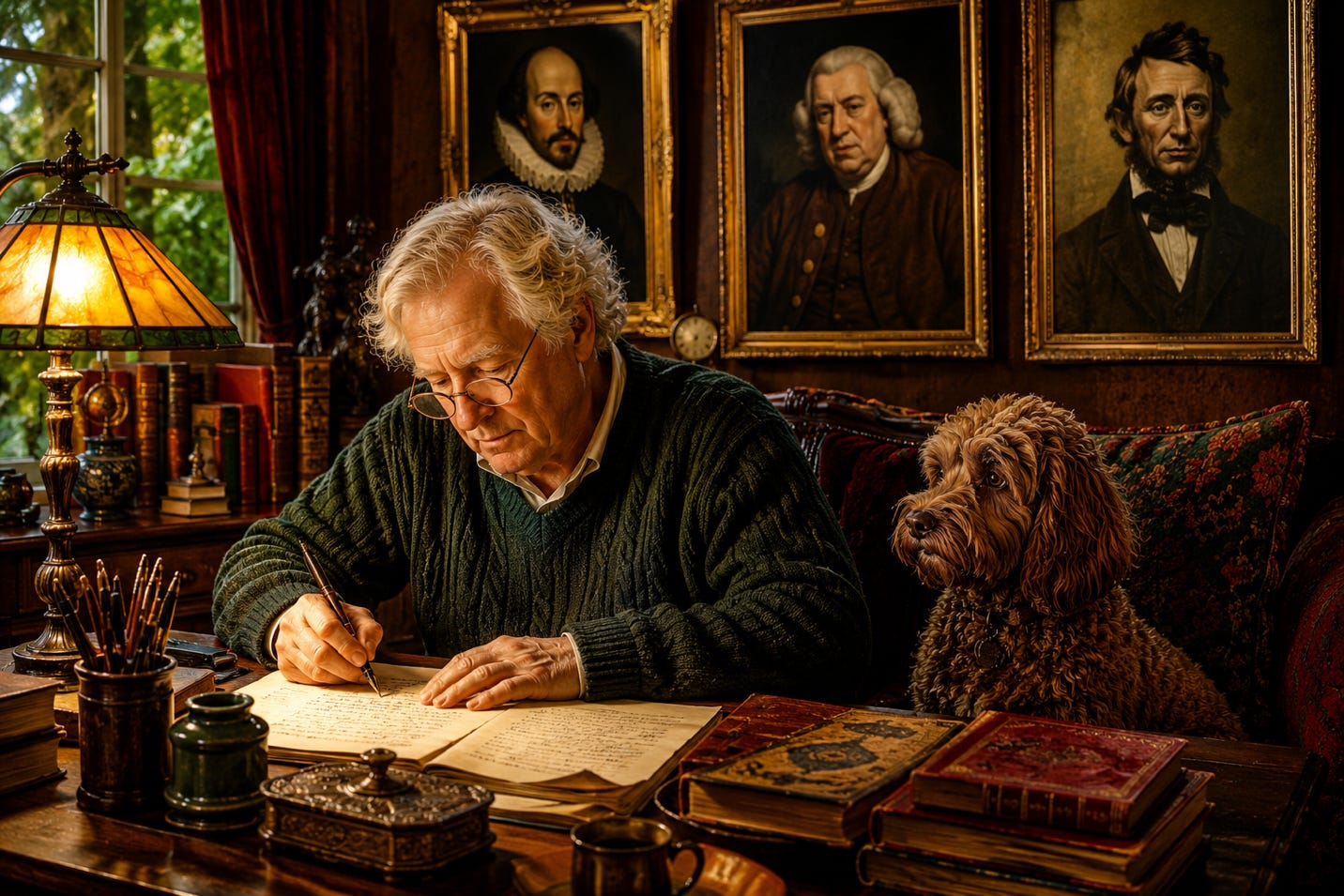 Generated image: Cozy study with a thoughtful writer