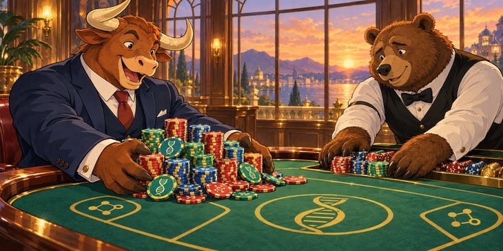 An anthropomorphic bull collects biotech-themed winnings from a bear casino dealer in a warm, sunlit casino.