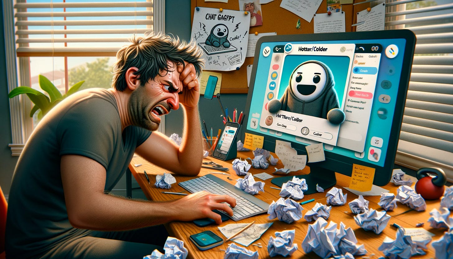 An extremely frustrated man uses a computer to try to get ChatGPT to draw a picture of an app. He is surrounded by discarded attempts.