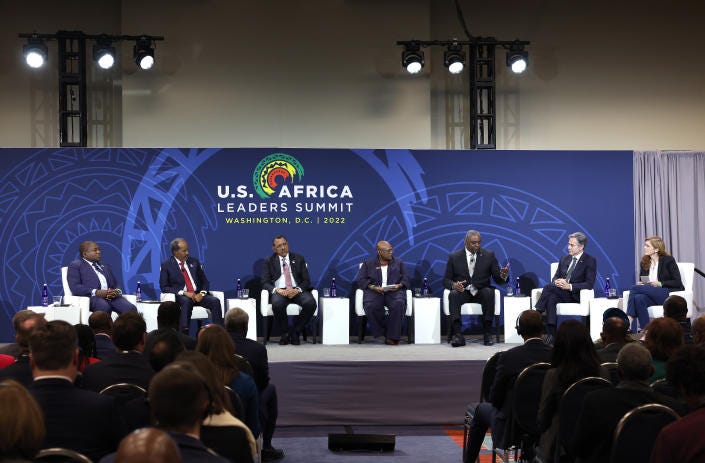 Leaders of African nations sit on a stage in front of a backdrop that reads: U.S.-Africa Leaders Summit. Leaders of African nations sit on a stage in front of a backdrop that reads: U.S.-Africa Leaders Summit.