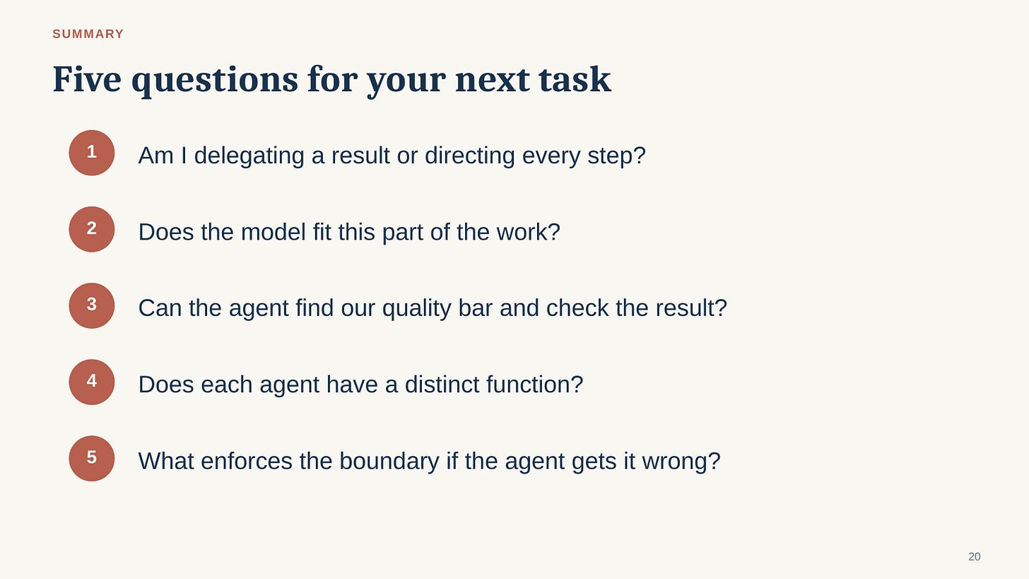 Five questions: delegate a result, fit the model, make the quality bar available, give agents distinct functions, and enforce boundaries. Five questions: delegate a result, fit the model, make the quality bar available, give agents distinct functions, and enforce boundaries.