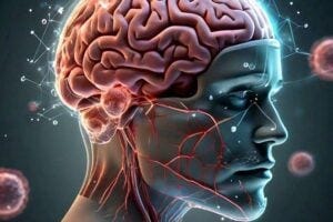 A digital illustration depicting a human brain with glowing neural connections, surrounded by floating creatine molecules