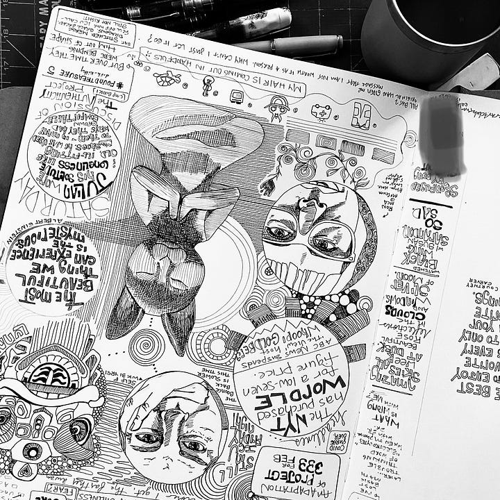 Assorted pages from Illustrate Your Week illustrated journal (various weeks) and embroidery stitch journal. A Cowen